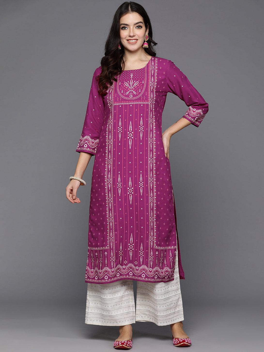 Women's Burgundy Printed Straight Kurtas  - Indo Era