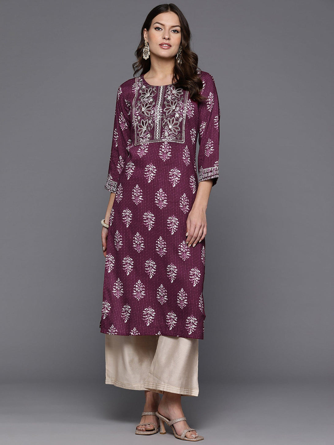 Women's Burgundy Printed Straight Kurtas  - Indo Era