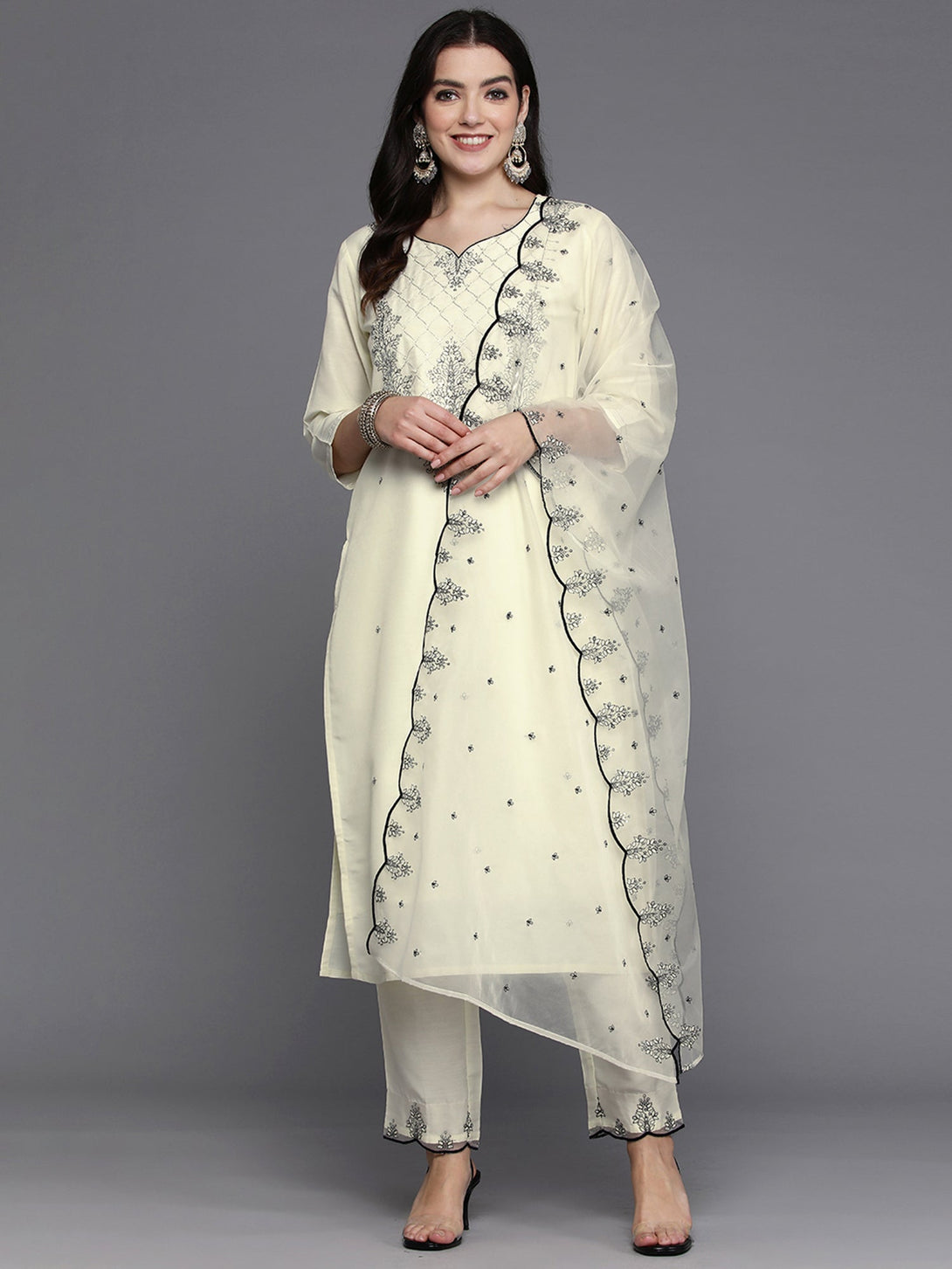 Women's White Embroidered Straight Kurta Trousers With Dupatta Set - Indo Era