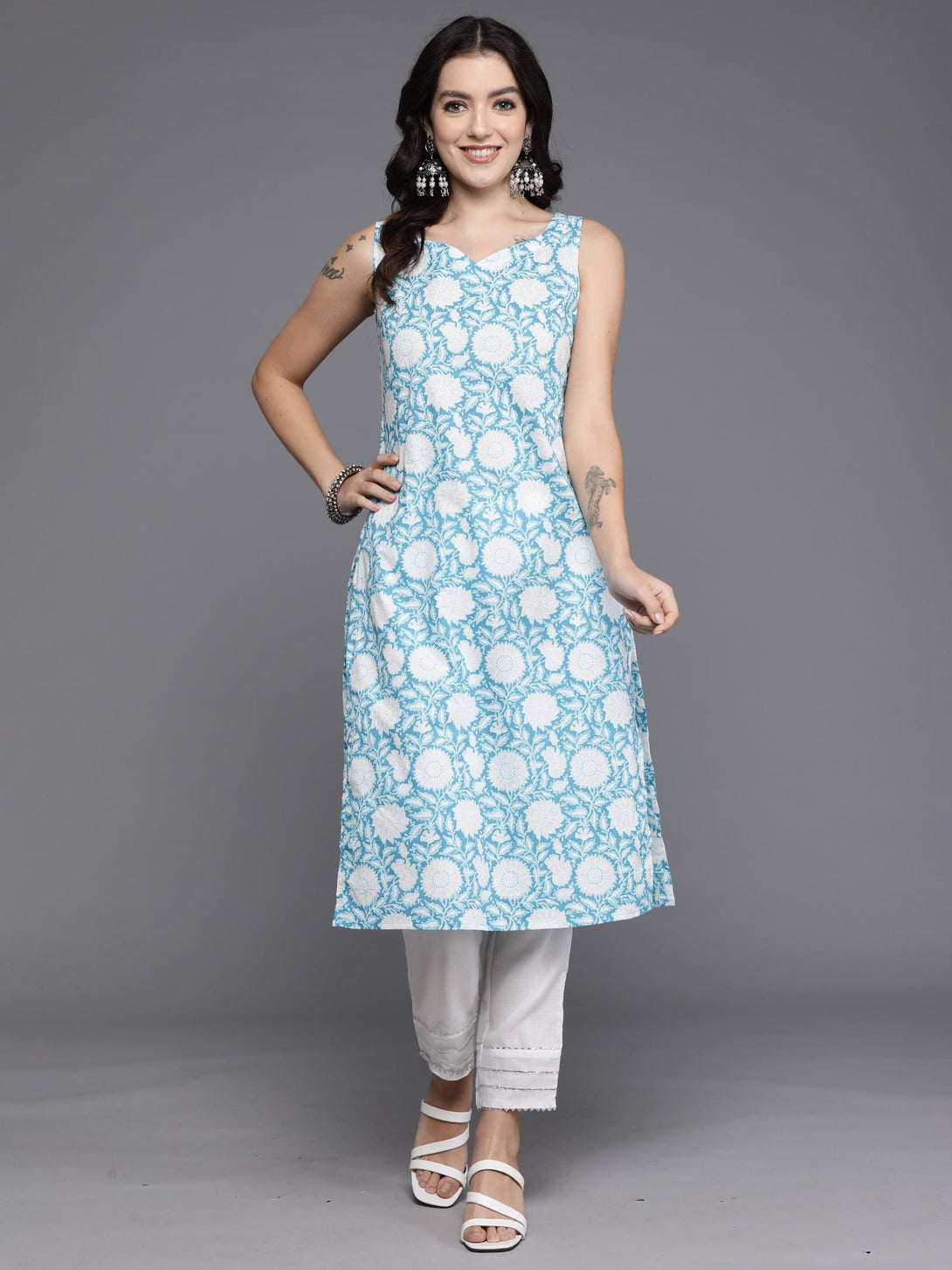 Women's Blue Printed Straight Kurtas  - Indo Era