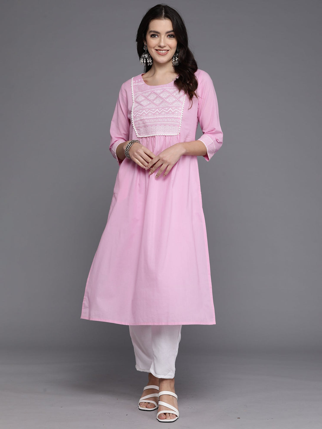 Women's Pink Yoke Design A-Line Kurtas  - Indo Era