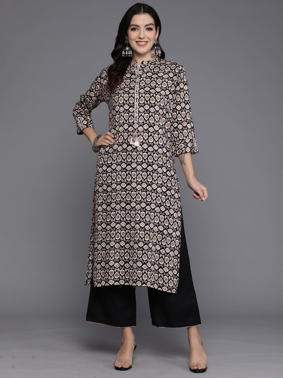 Women's Black Printed Straight Kurtas  - Indo Era