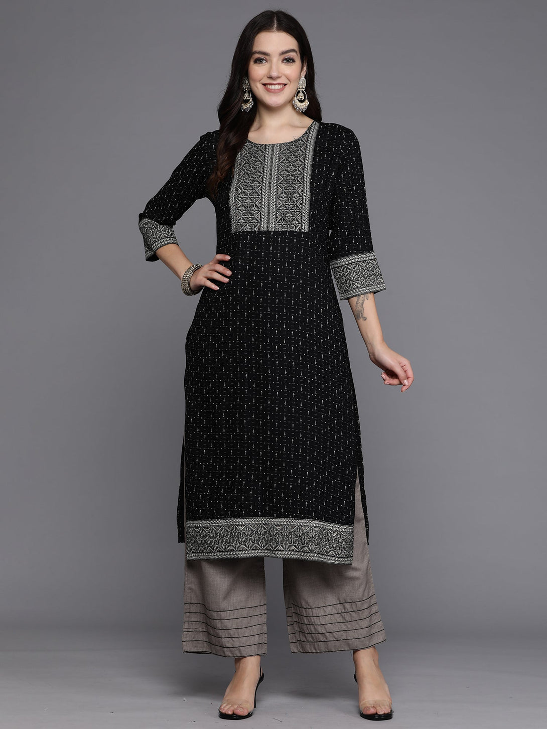 Women's Black Embellished Straight Kurtas  - Indo Era