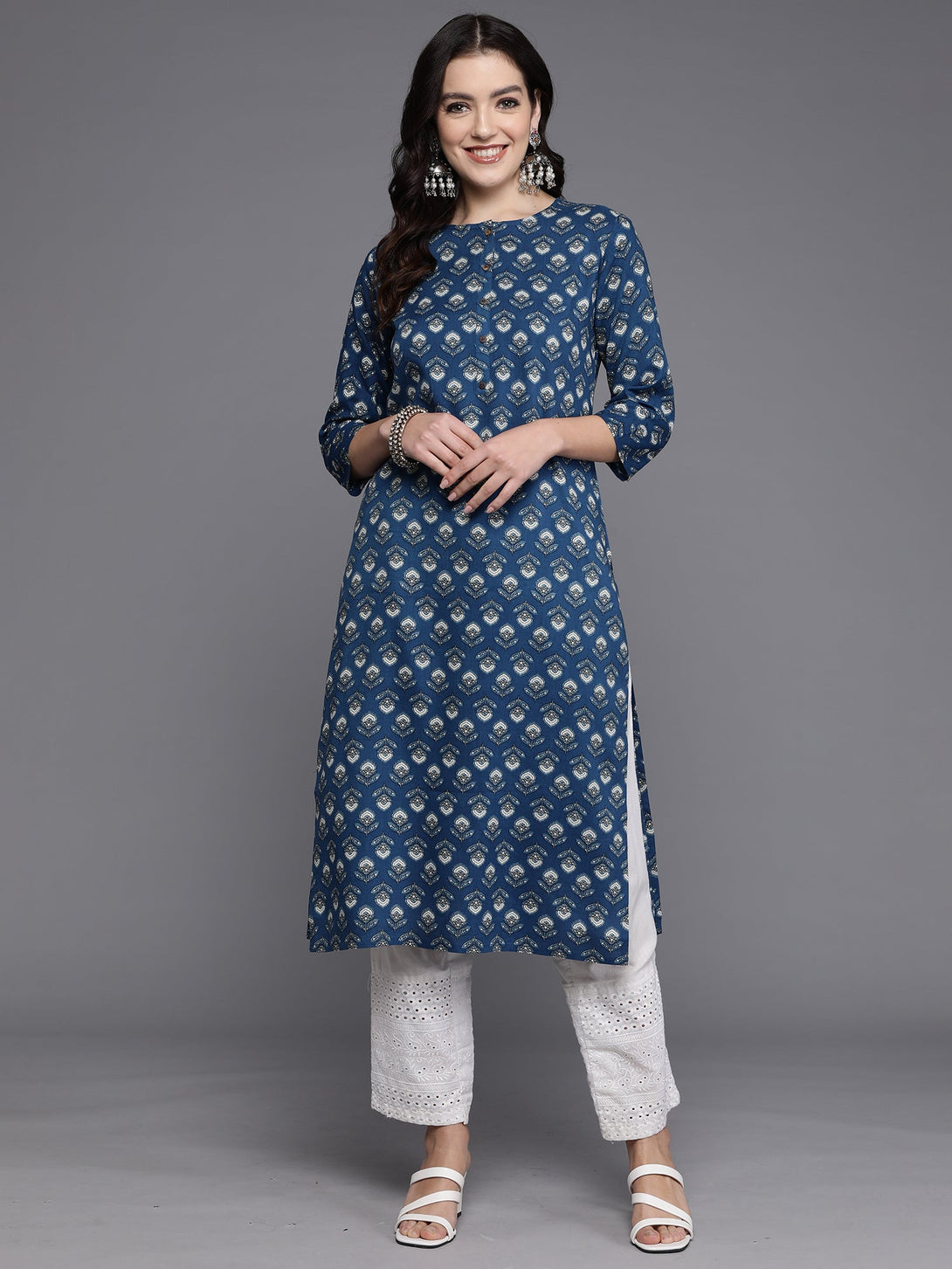 Women's Navy Blue Printed Straight Kurtas  - Indo Era