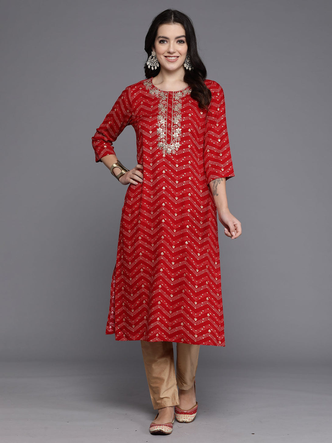 Women's Red Printed Straight Kurtas  - Indo Era