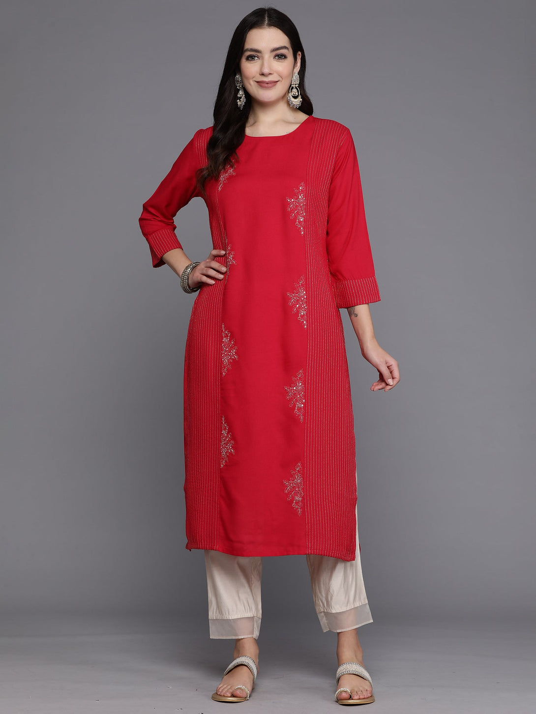 Women's Magenta Embroidered Straight Kurtas  - Indo Era