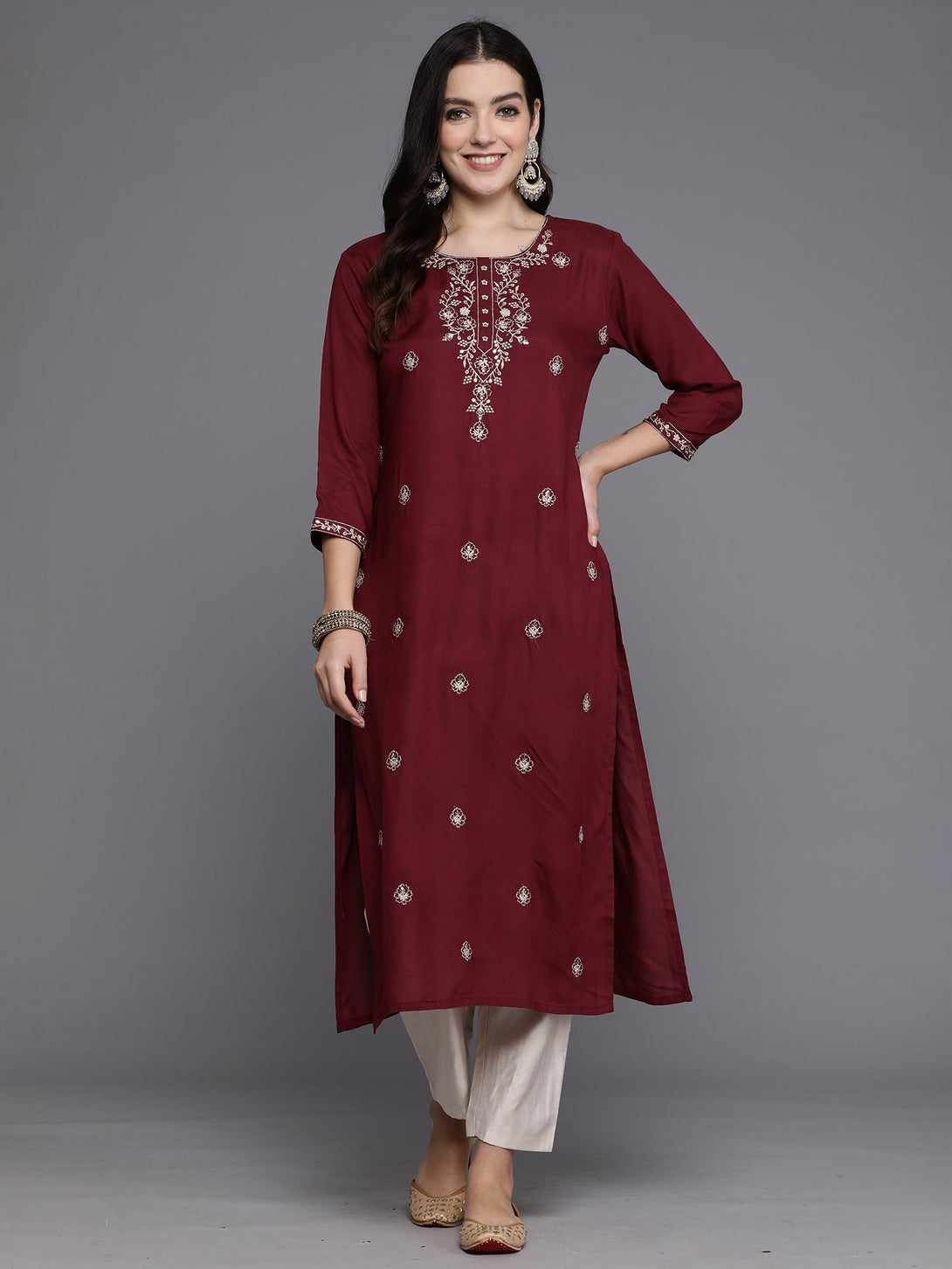 Women's Burgundy Embroidered Straight Kurtas  - Indo Era