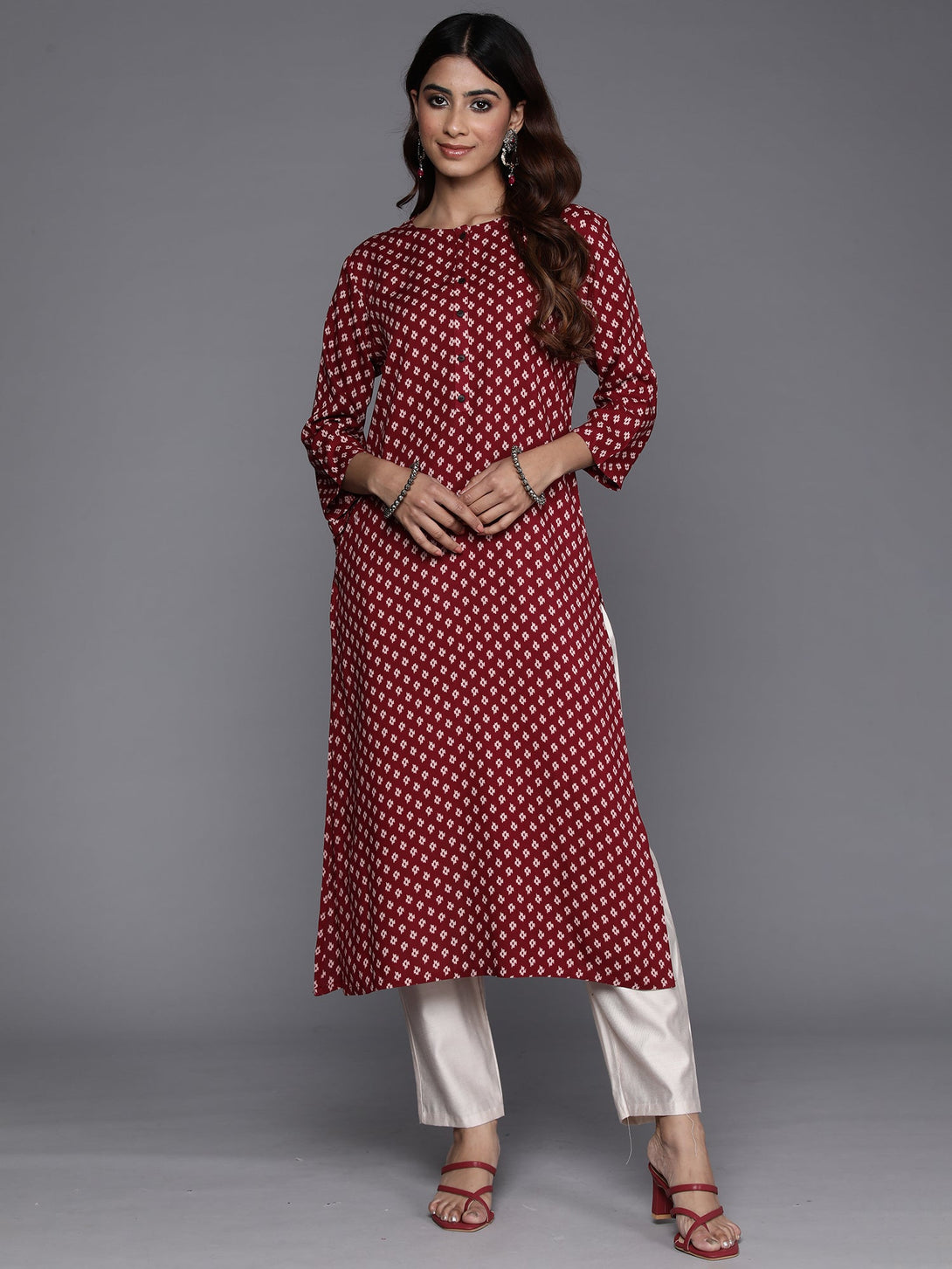 Women's Maroon Printed Straight Kurtas  - Indo Era