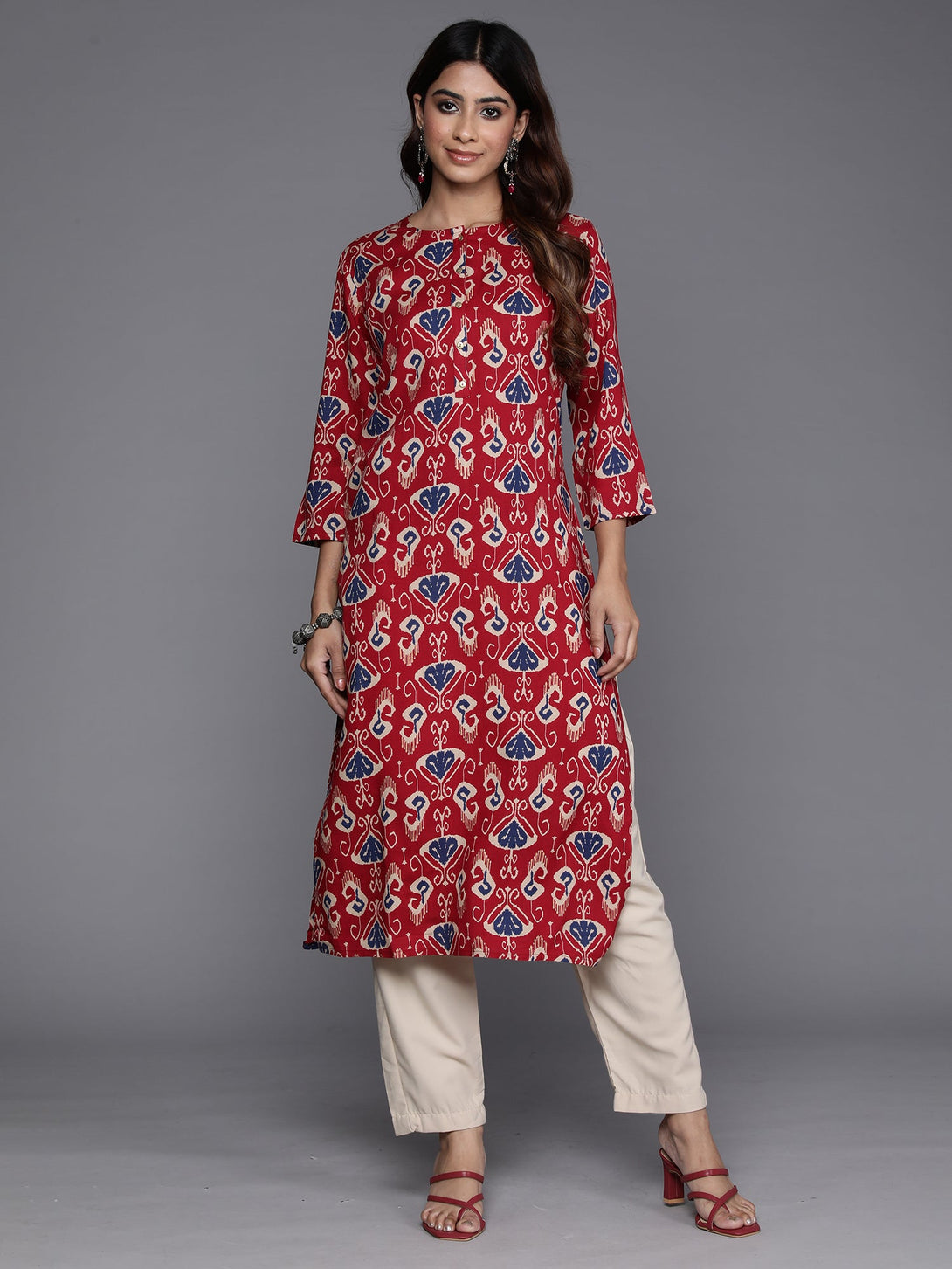 Women's Maroon Printed Straight Kurtas  - Indo Era