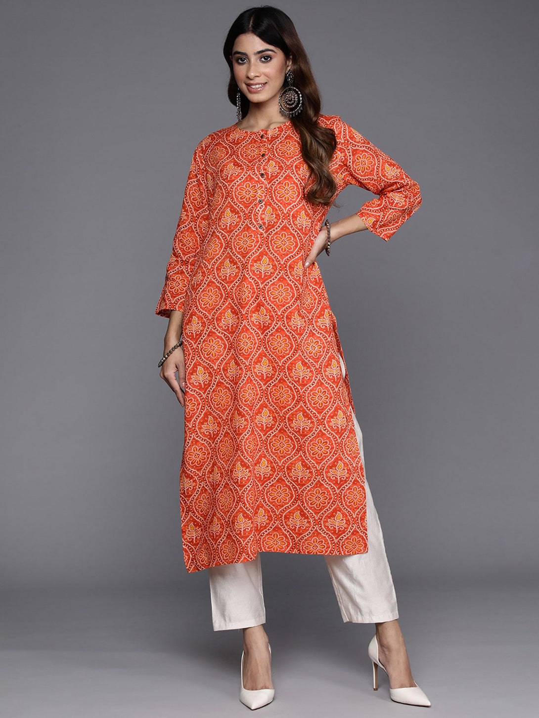 Women's Orange Printed Straight Kurtas  - Indo Era