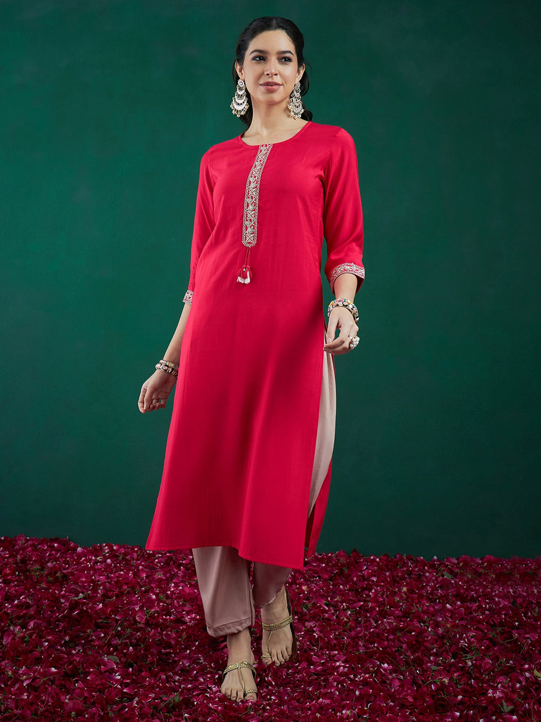 Women's Pink Embroidered Straight Kurtas  - Indo Era