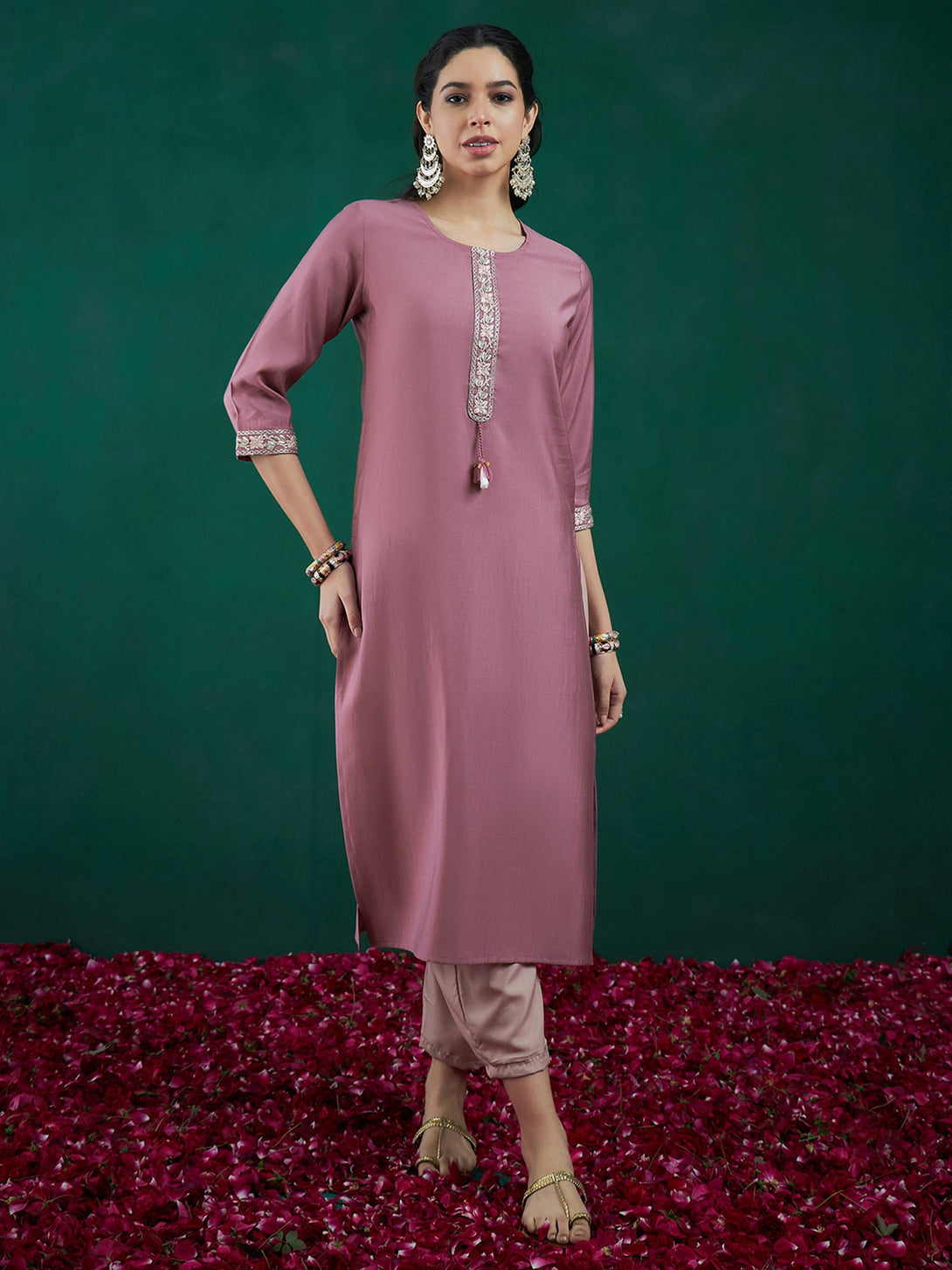 Women's Mauve Embroidered Straight Kurtas  - Indo Era