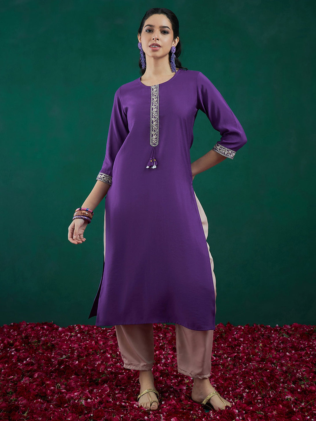 Women's Purple Embroidered Straight Kurtas  - Indo Era