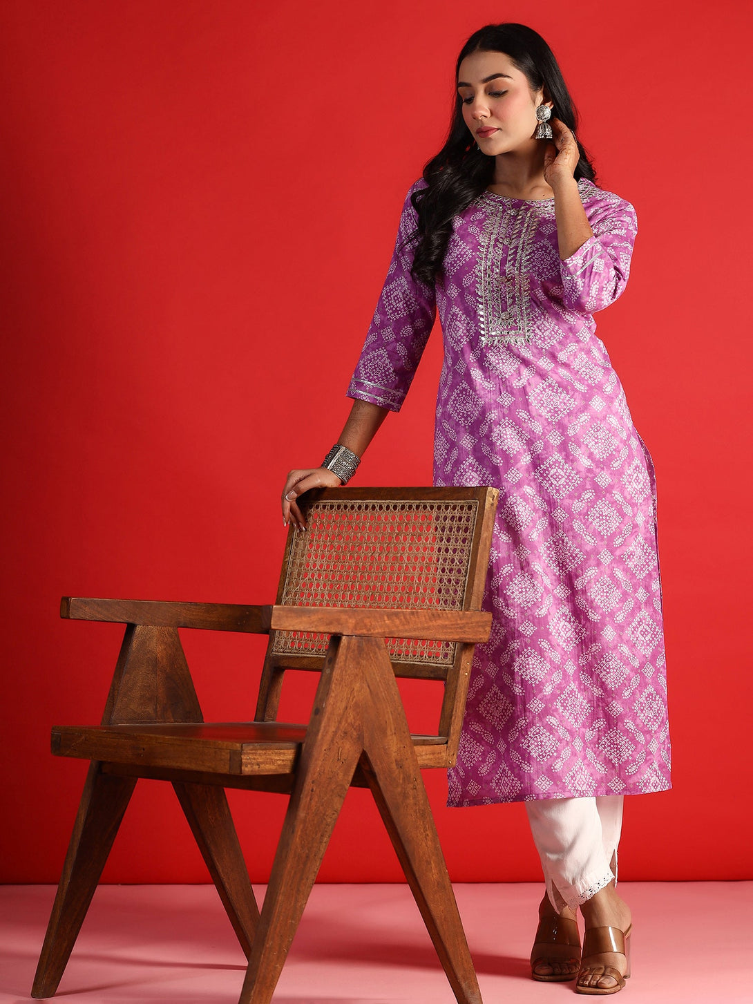 Women's Lavender Cotton Printed Straight Kurta - Indo Era