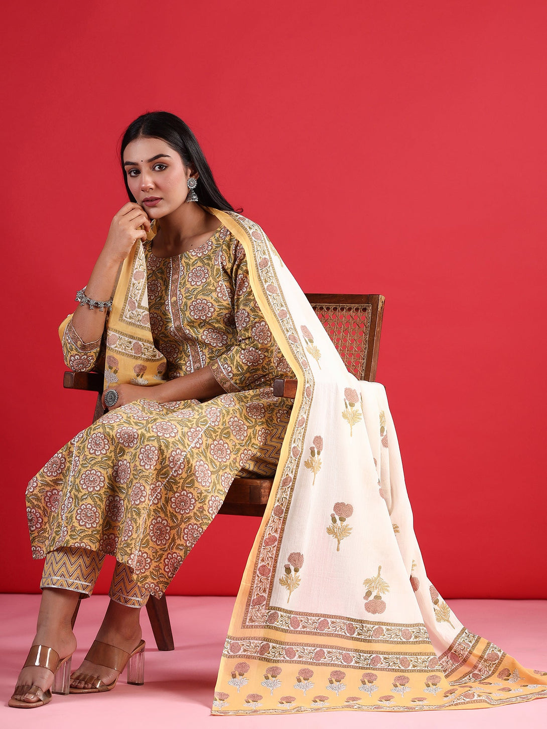 Women's Yellow Printed Straight Kurta Trousers With Dupatta Set - Indo Era