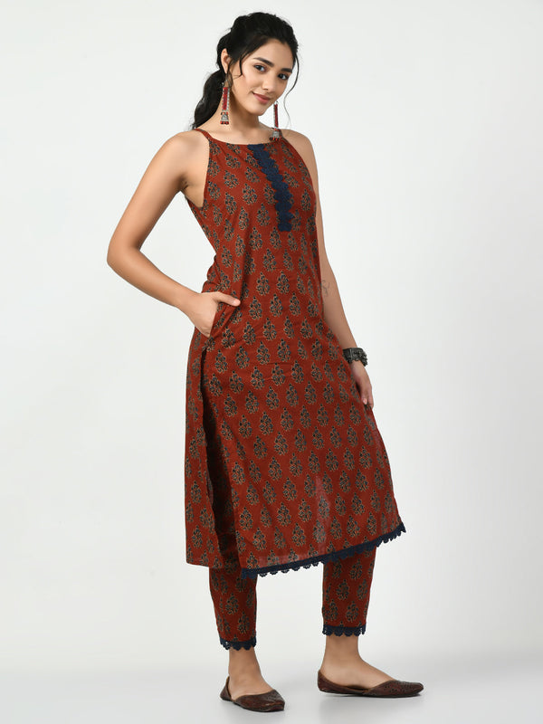 Women's Rust Straight Printed Kurta - Myshka