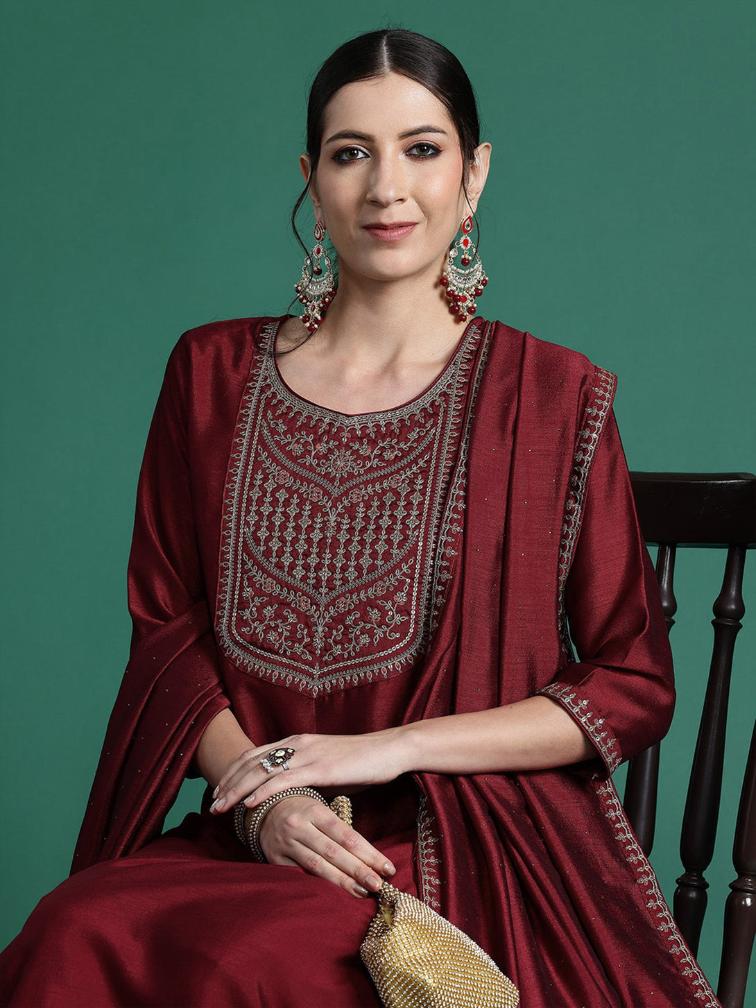 Women's Maroon Silk Blend Embroidered Kurta Trousers With Dupatta Set - Indo Era