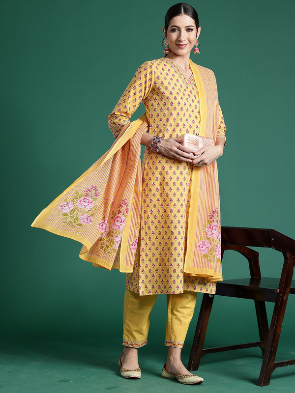 Women's Yellow Printed Straight Kurta Trousers With Dupatta Set - Indo Era