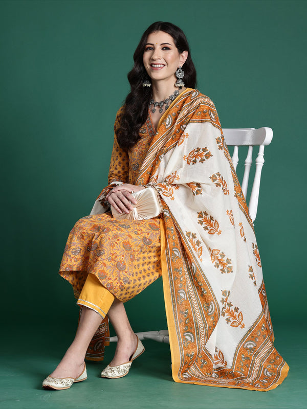 Women's Yellow Printed A-Line Kurta Trousers With Dupatta Set - Indo Era