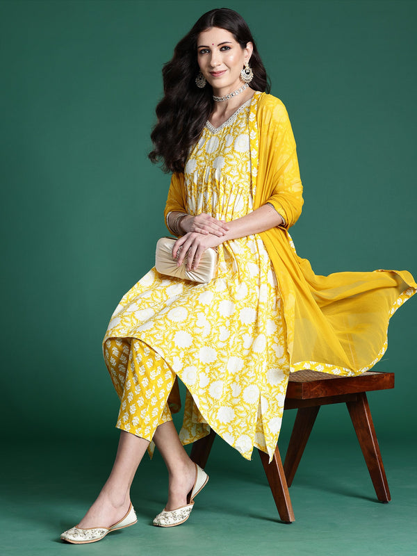 Women's Yellow Printed A-Line Kurta Trousers With Dupatta Set - Indo Era