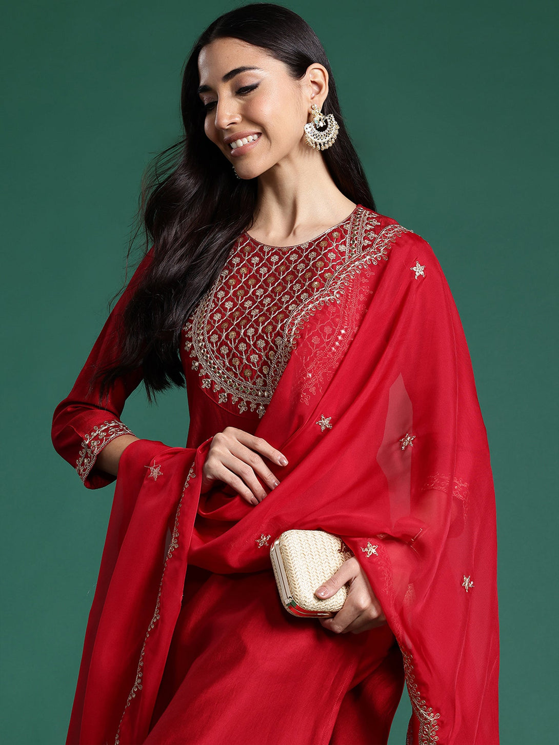 Women's Red Liva Embroidered Kurta Trousers With Dupatta Set - Indo Era