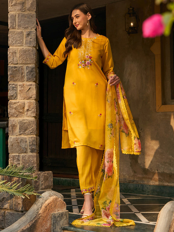 Women's Yellow Embroidered Straight Kurta Trousers With Dupatta Set - Indo Era