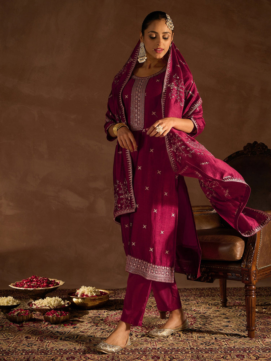 Women's Maroon Silk Blend Embroidered Kurta Trousers With Dupatta Set - Indo Era