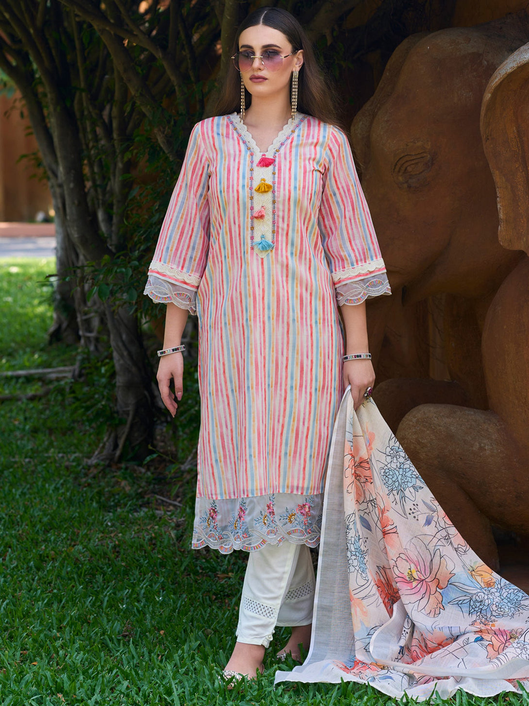 Women's Pink Pure Cotton Striped Kurta Trousers With Dupatta Set - Indo Era