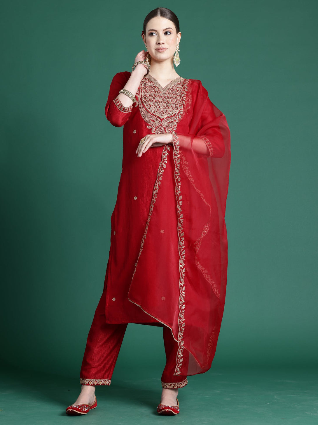 Women's Red Silk Blend Embroidered Kurta Palazzos With Dupatta Set - Indo Era