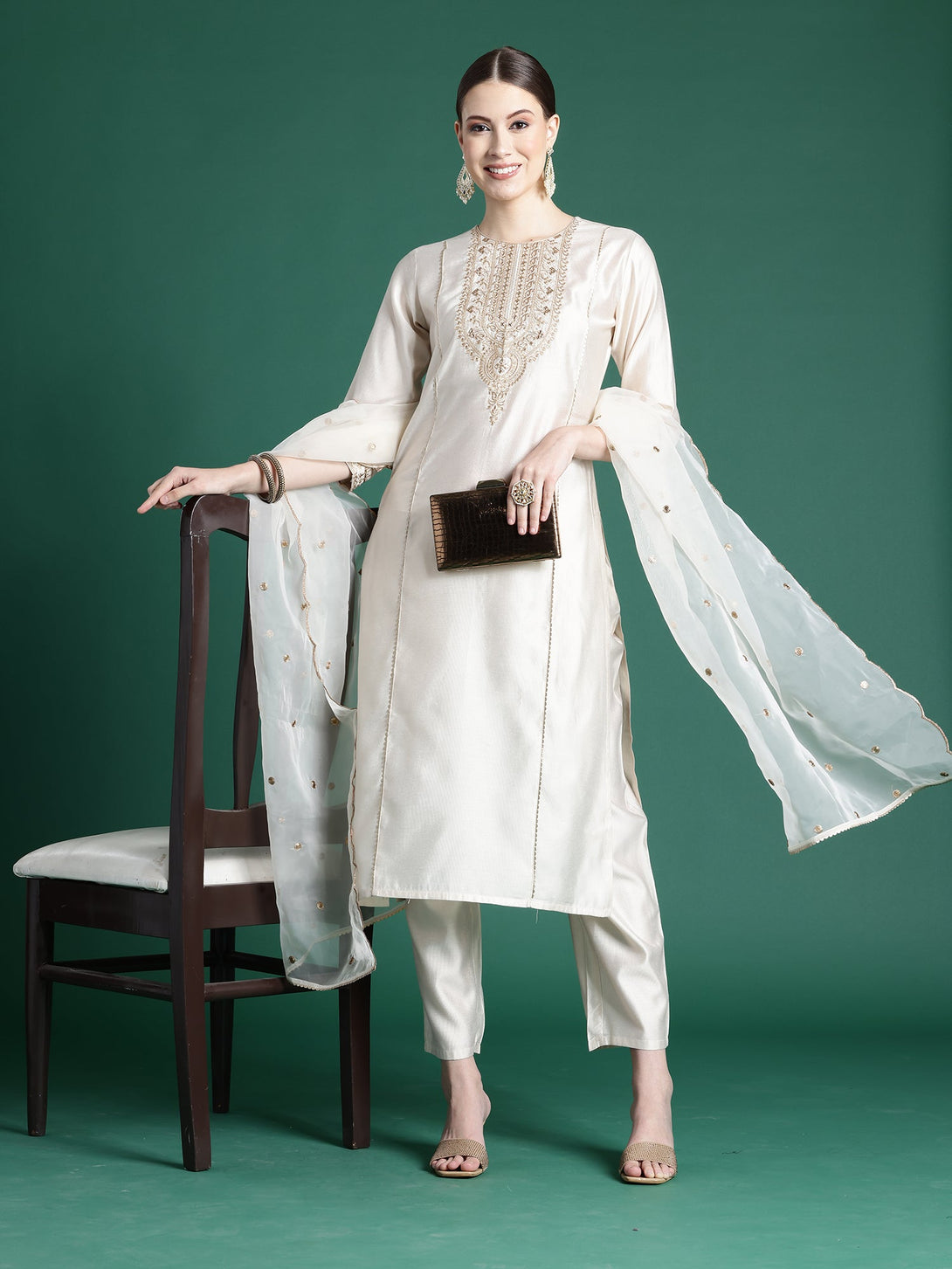 Women's Off White Liva Embroidered Kurta Trousers With Dupatta Set - Indo Era