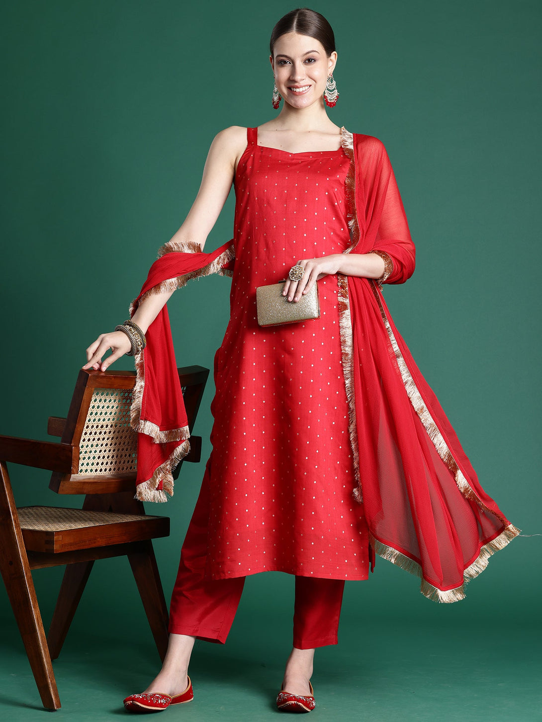 Women's Red Chanderi Silk Woven Design Kurta Trousers With Dupatta Set - Indo Era