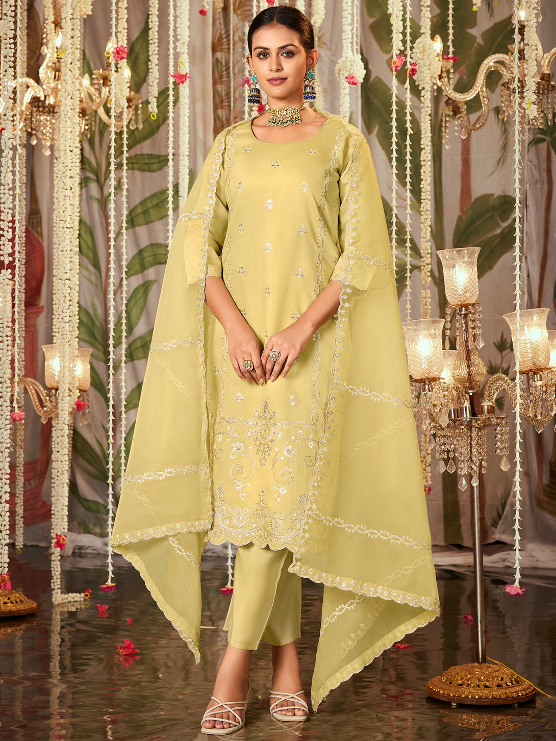 Women's Yellow Silk Blend Embroidered Kurta Trousers With Dupatta Set - Indo Era