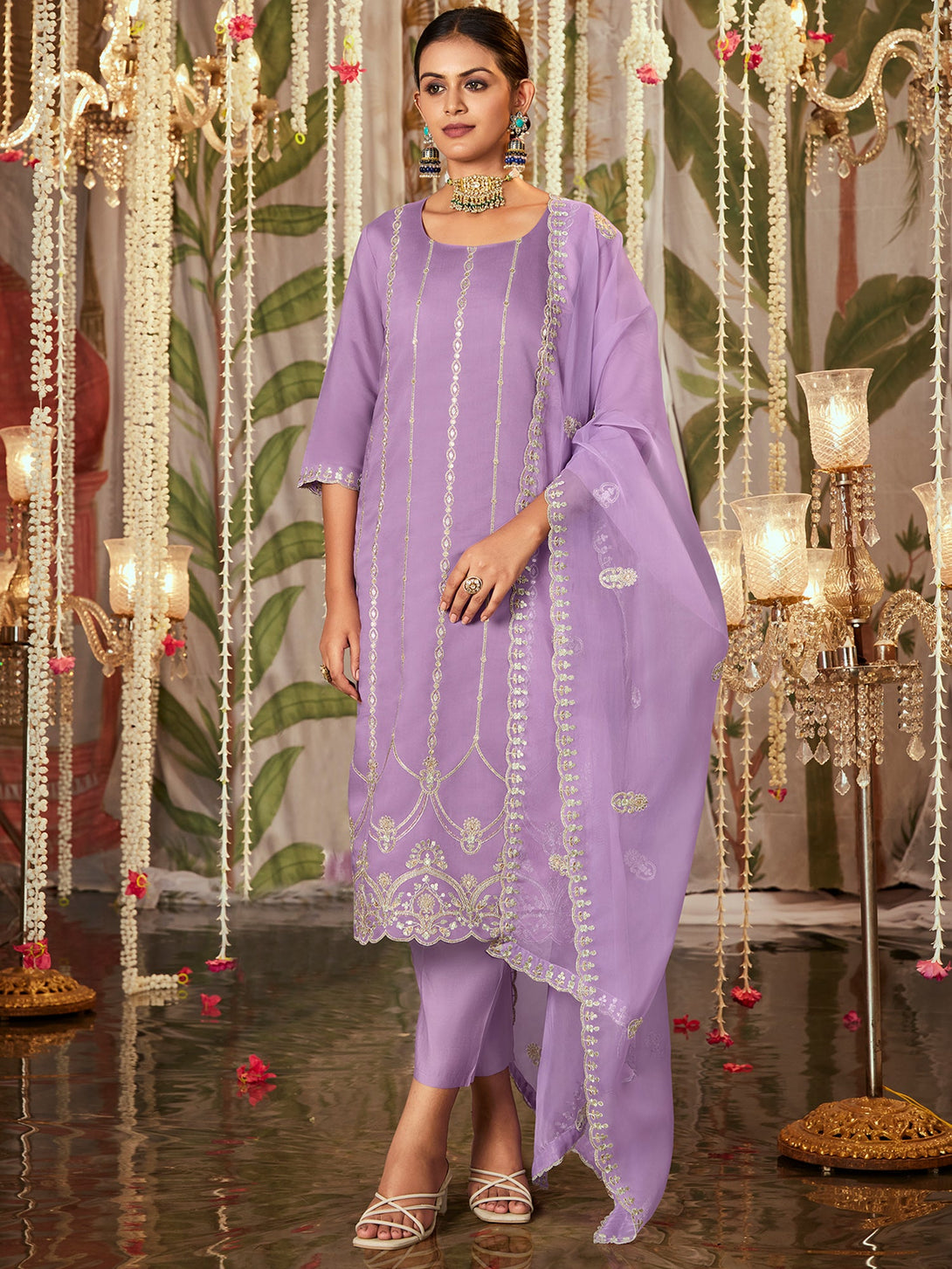 Women's Lavender Silk Blend Embroidered Kurta Trousers With Dupatta Set - Indo Era