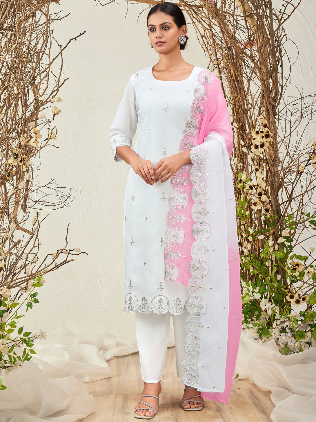 Women's White Silk Blend Embroidered Kurta Trousers With Dupatta Set - Indo Era