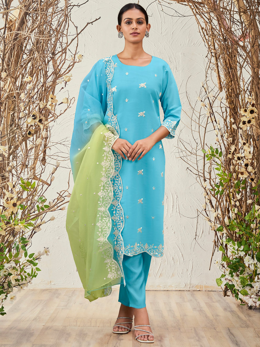 Women's Blue Silk Blend Embroidered Kurta Trousers With Dupatta Set - Indo Era