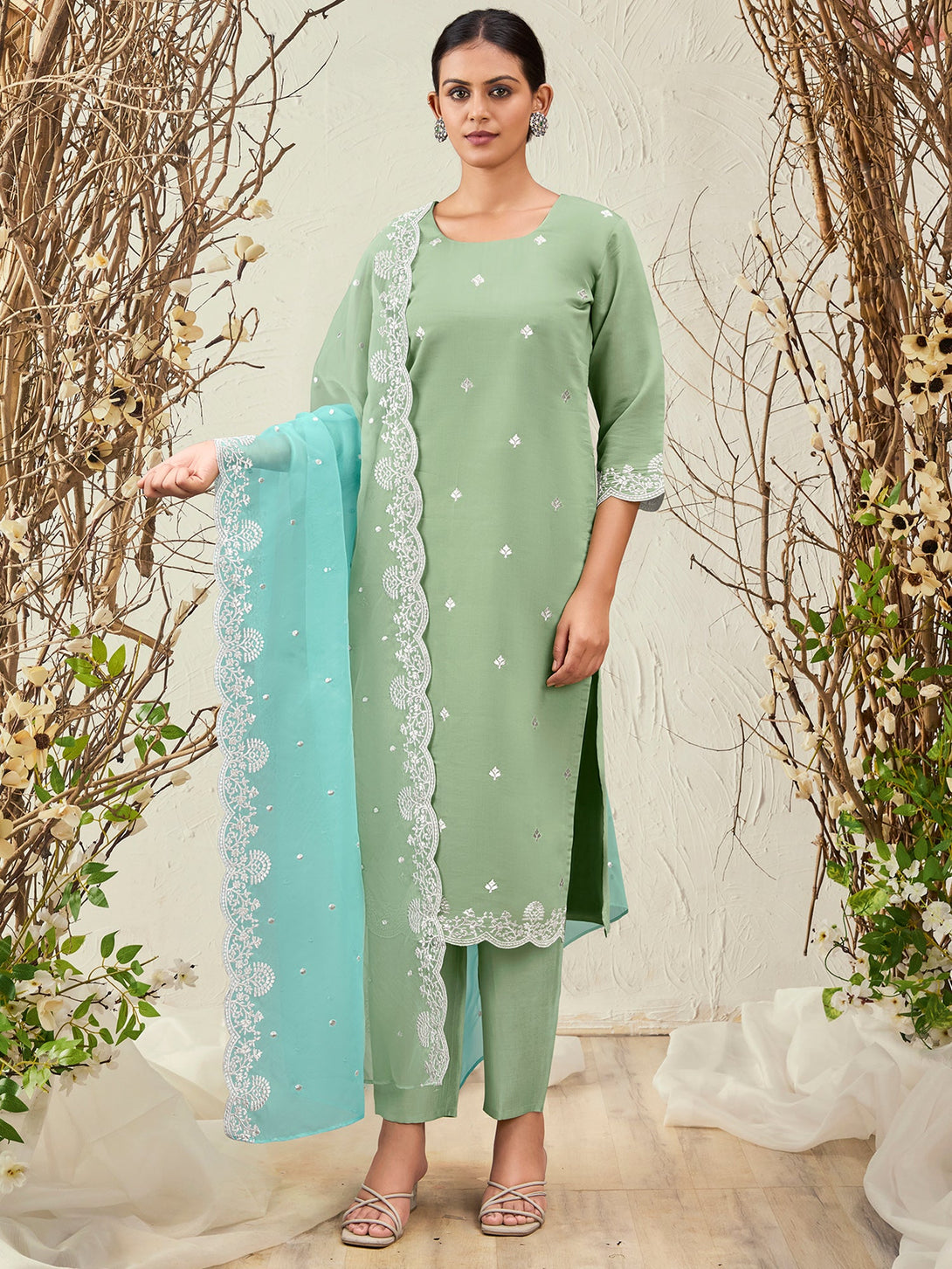 Women's Sea Green Silk Blend Embroidered Kurta Trousers With Dupatta Set - Indo Era