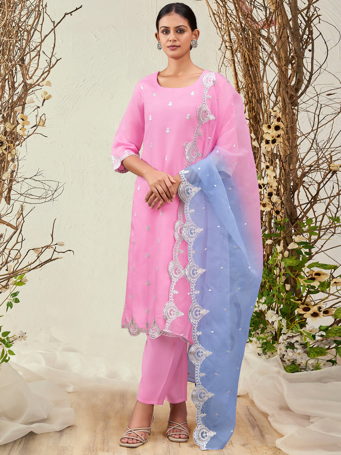 Women's Pink Silk Blend Embroidered Kurta Trousers With Dupatta Set - Indo Era