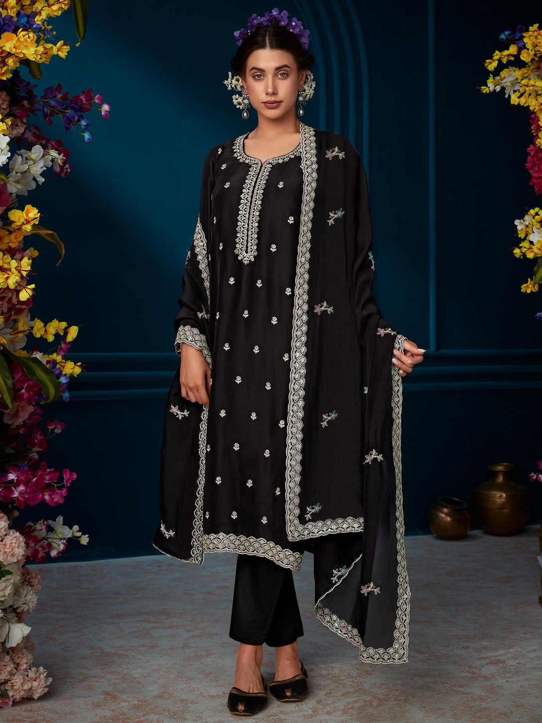 Women's Black Silk Blend Embroidered Kurta Trousers With Dupatta Set - Indo Era