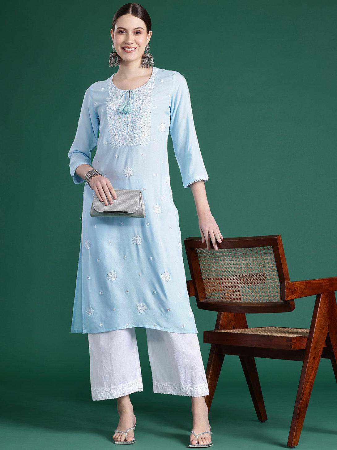 Women's Blue Viscose Rayon Embroidered Straight Kurta - Indo Era