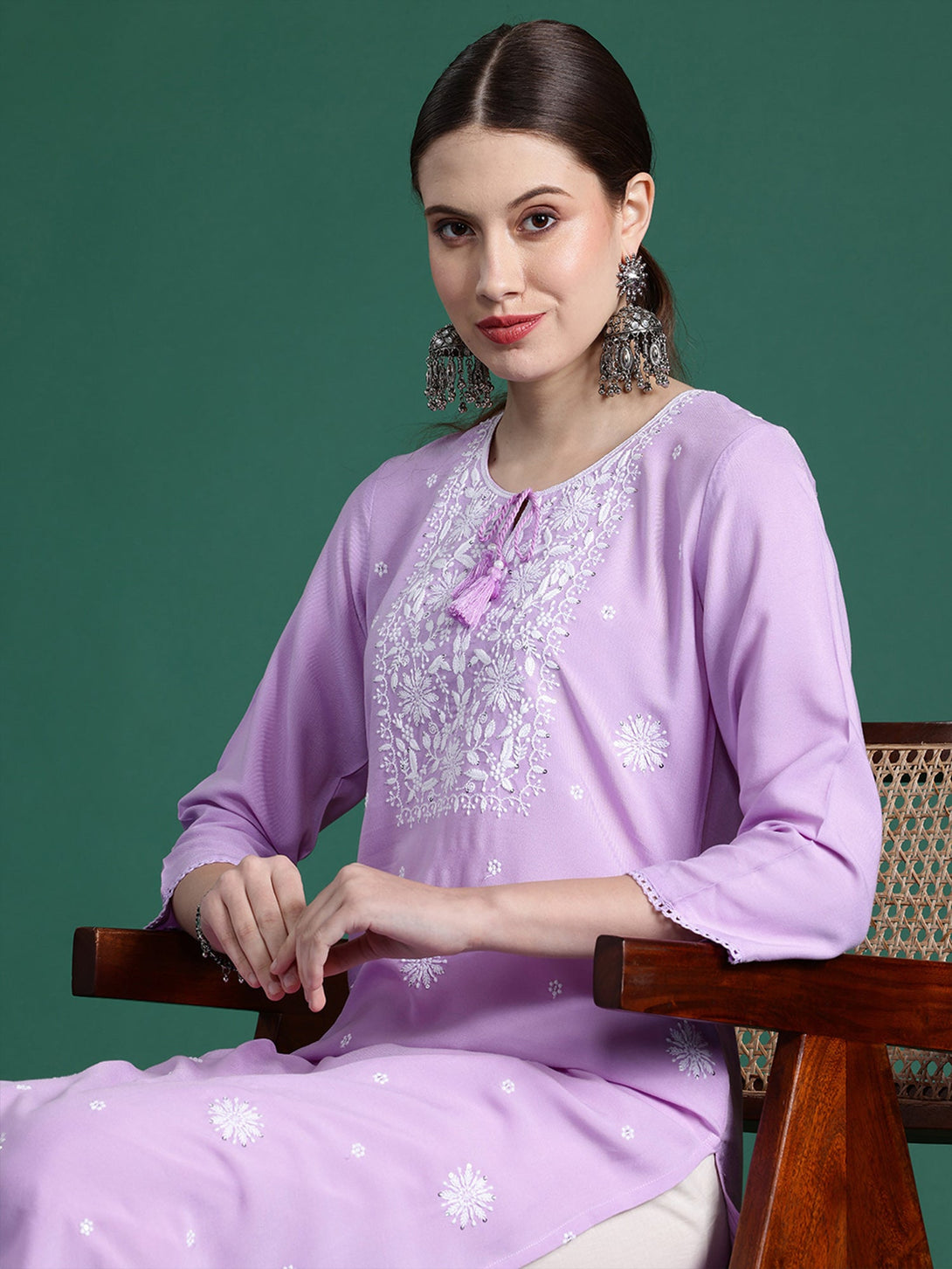 Women's Purple Viscose Rayon Embroidered Straight Kurta - Indo Era