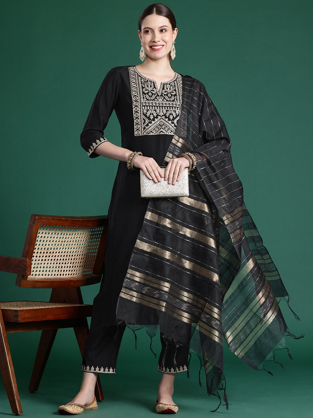 Women's Black Liva Embroidered Kurta Trousers With Dupatta Set - Indo Era