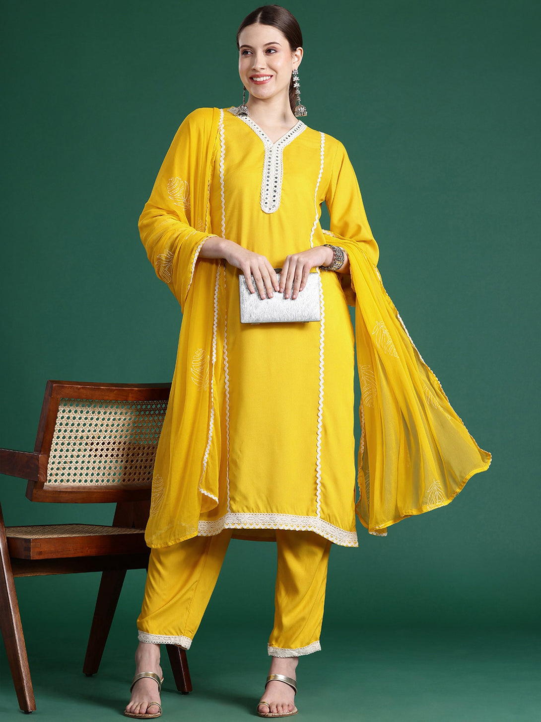 Women's Yellow Viscose Rayon Embroidered Kurta Trousers With Dupatta Set - Indo Era