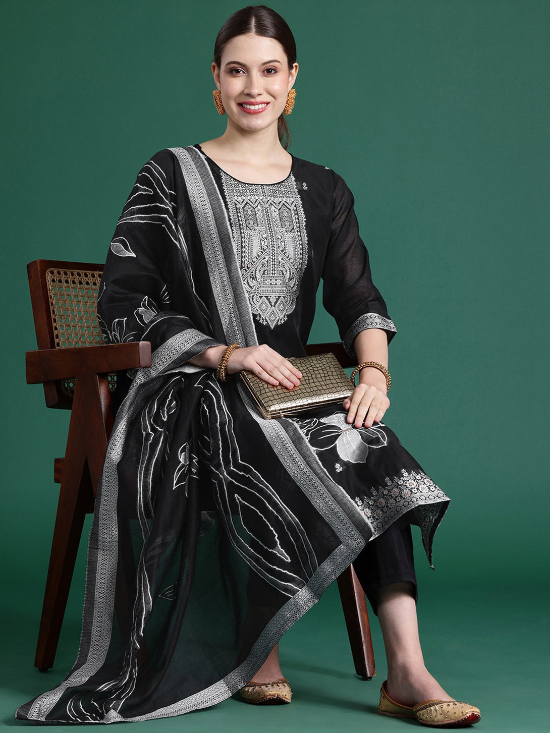 Women's Black Silk Blend Woven Design Kurta Trousers Set - Indo Era