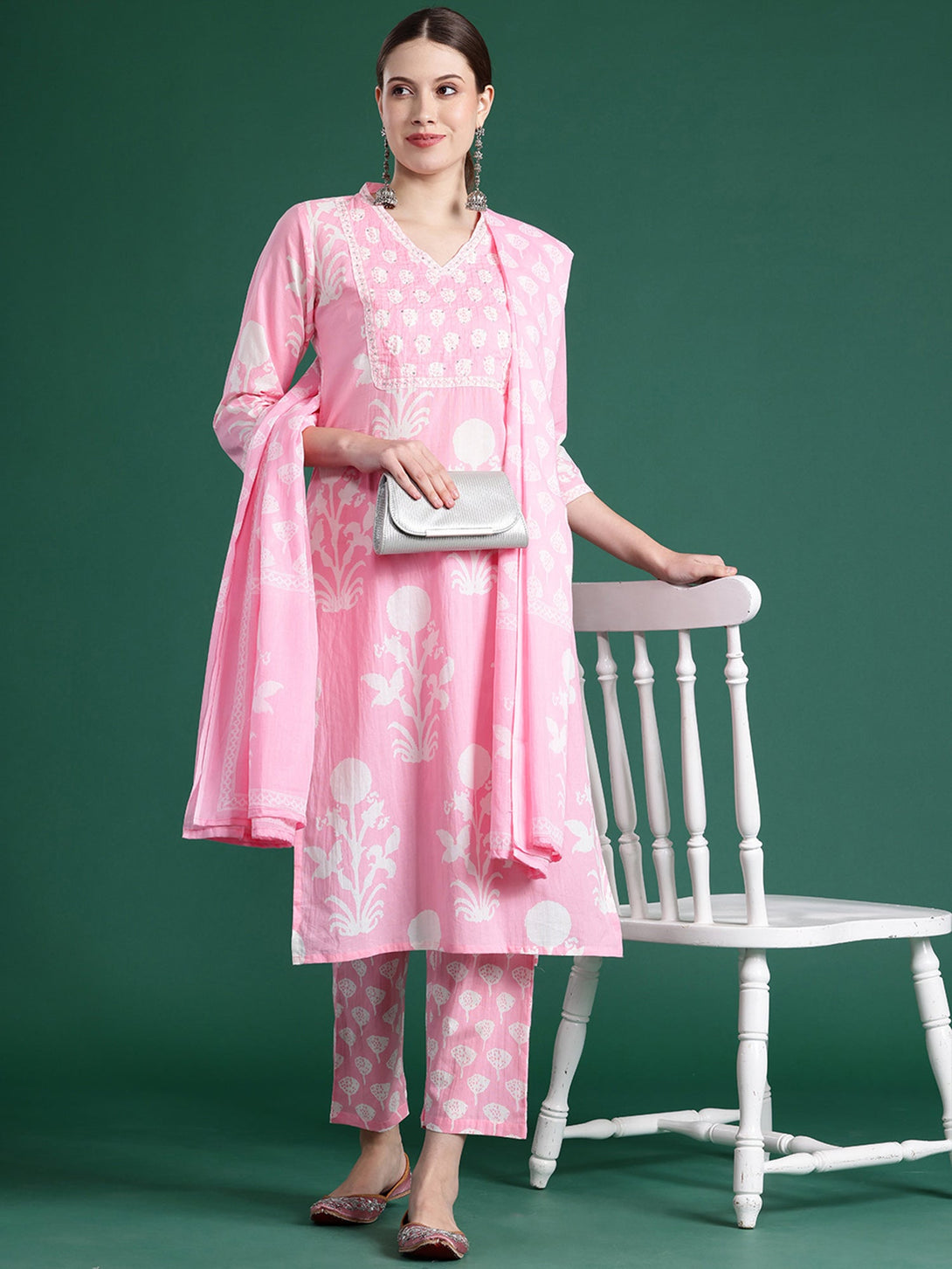 Women's Pink Pure Cotton Printed Kurta Trousers With Dupatta Set - Indo Era