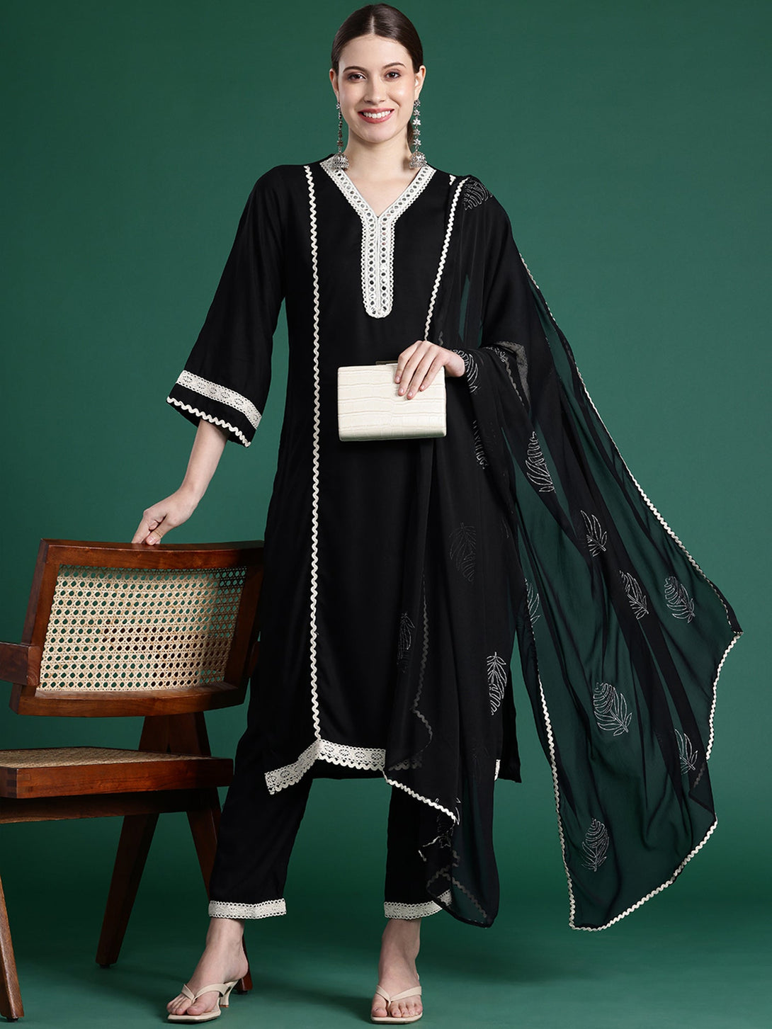 Women's Black Viscose Rayon Embroidered Kurta Trousers With Dupatta Set - Indo Era