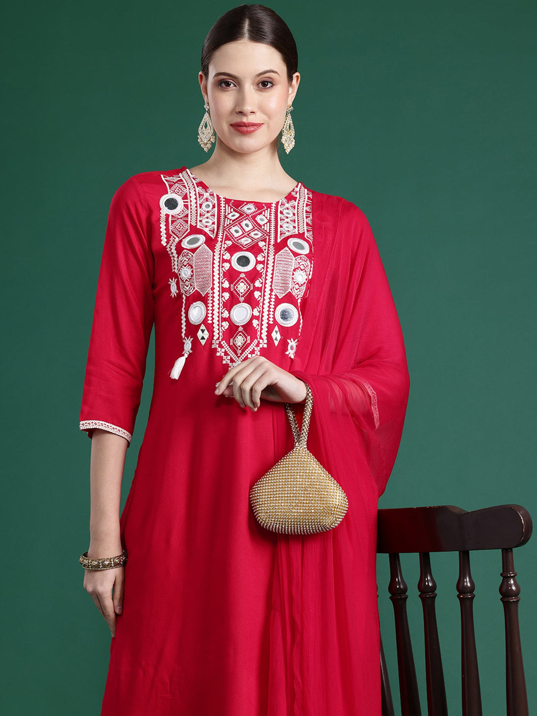 Women's Red Viscose Rayon Embroidered Kurta Trousers With Dupatta Set - Indo Era