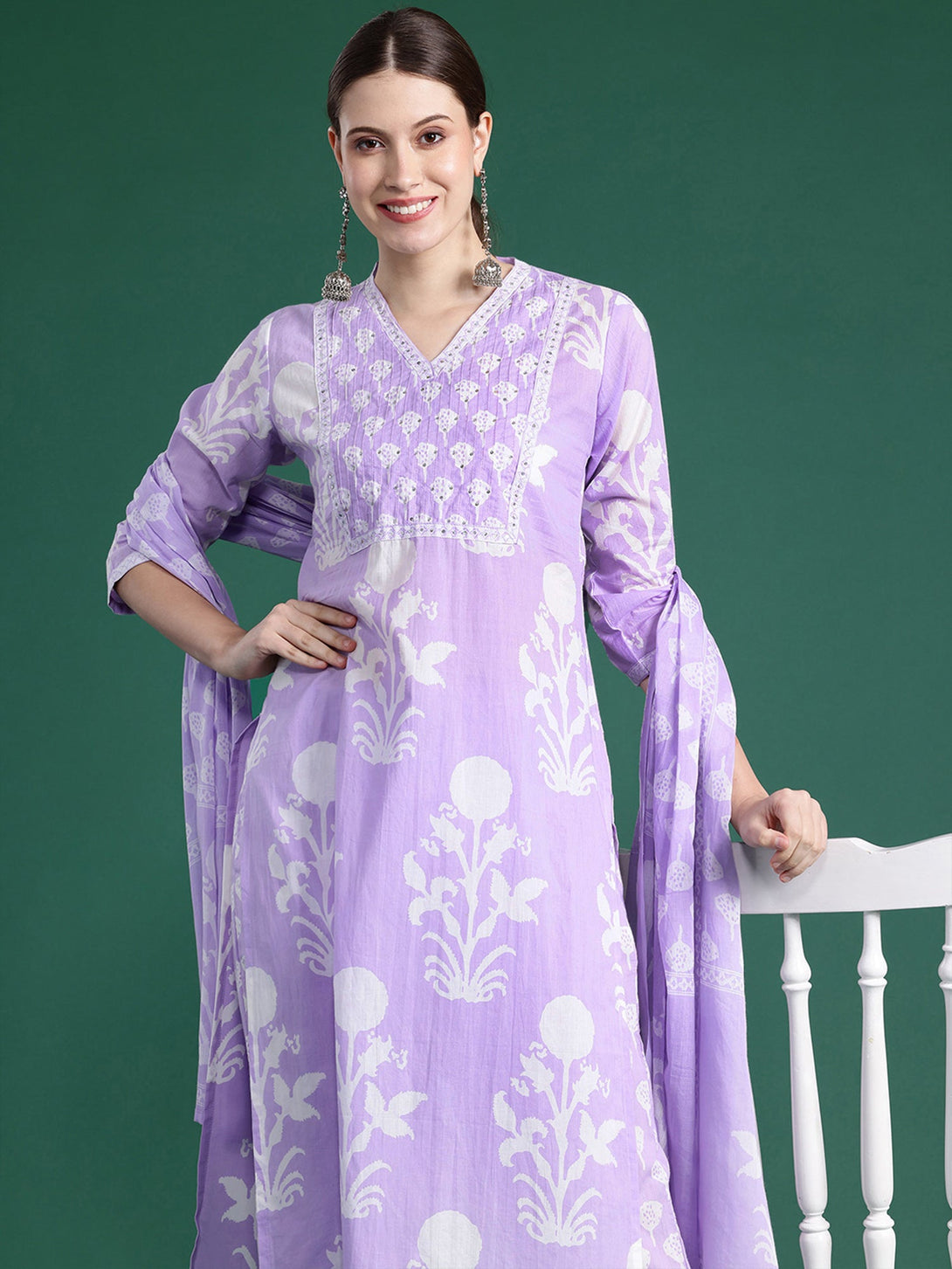 Women's Lavender Pure Cotton Printed Kurta Trousers With Dupatta Set - Indo Era