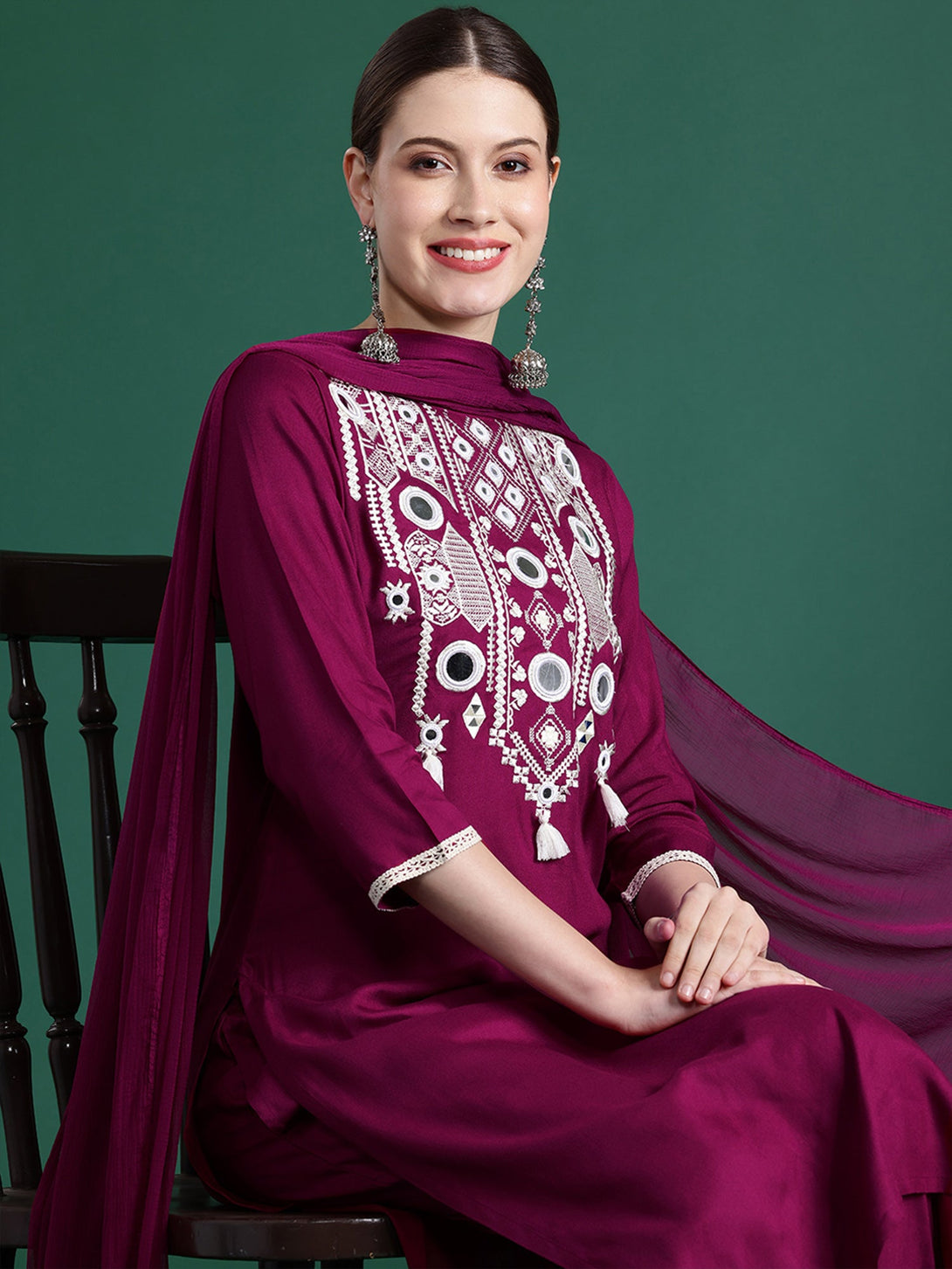 Women's Burgundy Viscose Rayon Embroidered Kurta Trousers With Dupatta Set - Indo Era