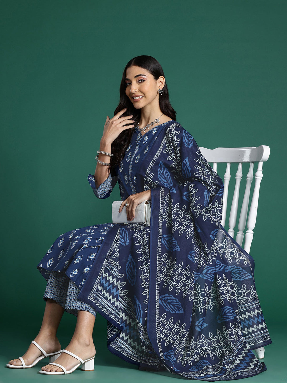 Women's Blue Pure Cotton Printed Kurta Trousers With Dupatta Set - Indo Era