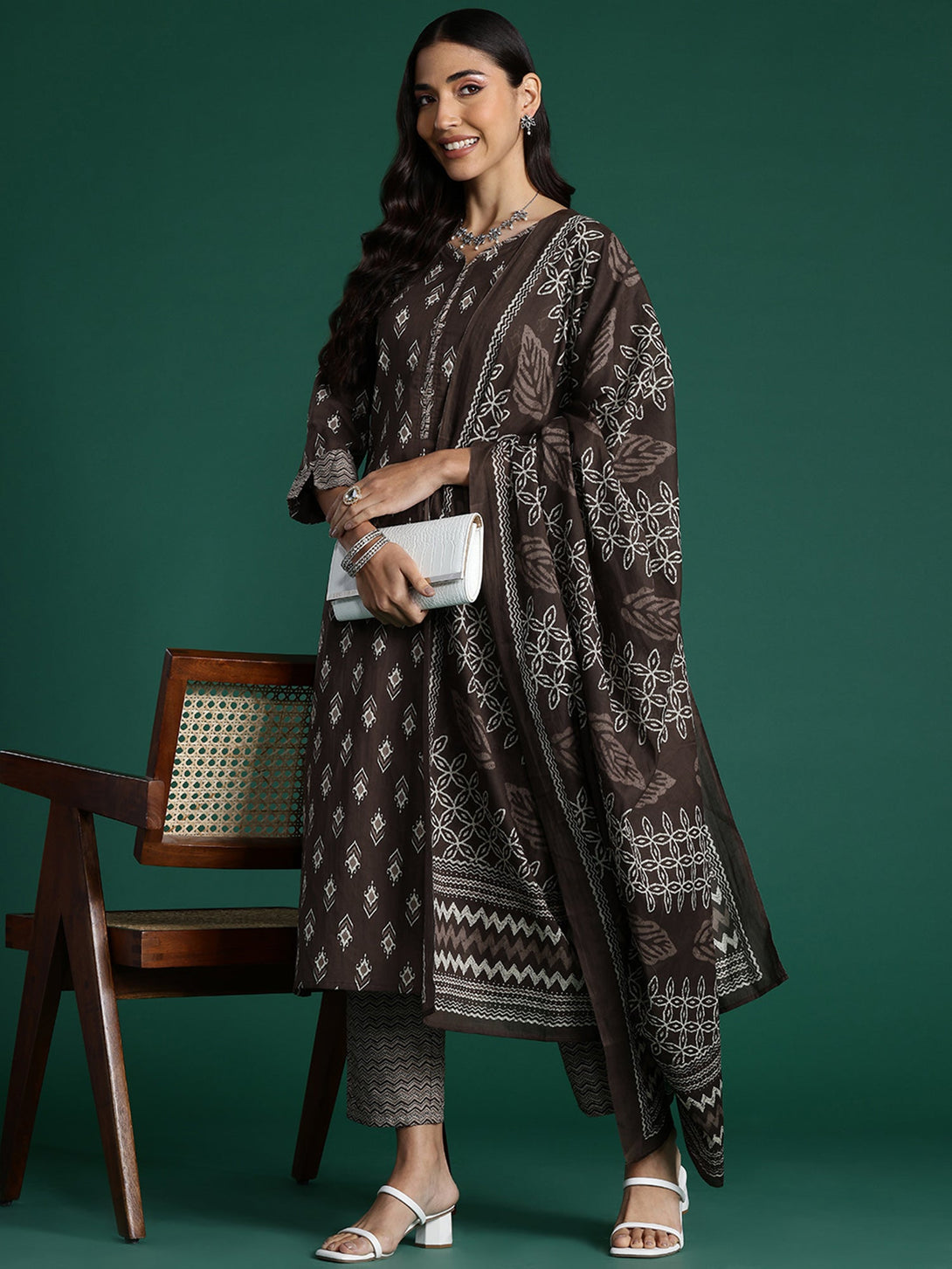 Women's Brown Pure Cotton Printed Kurta Trousers With Dupatta Set - Indo Era